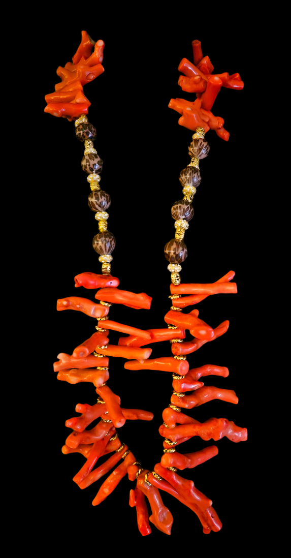 Orange Branch Coral & Leopard Bead Rope Luxury Necklace - Photoshoot
