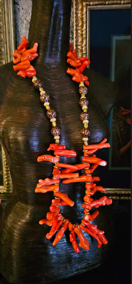 Orange Branch Coral & Leopard Bead Rope Luxury Necklace - Photoshoot