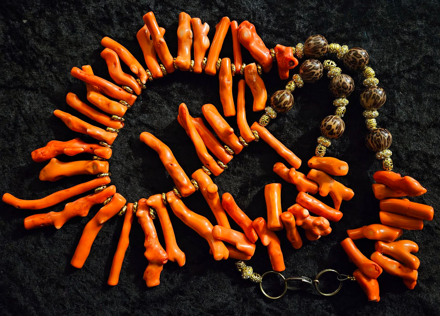 Orange Branch Coral & Leopard Bead Rope Luxury Necklace - Photoshoot