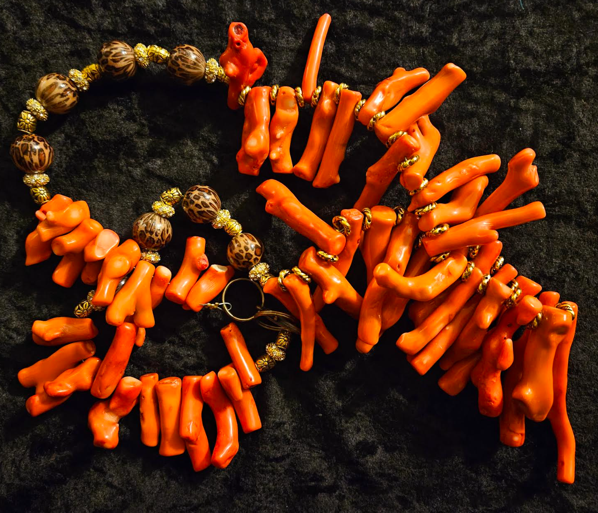 Orange Branch Coral & Leopard Bead Rope Luxury Necklace - Photoshoot