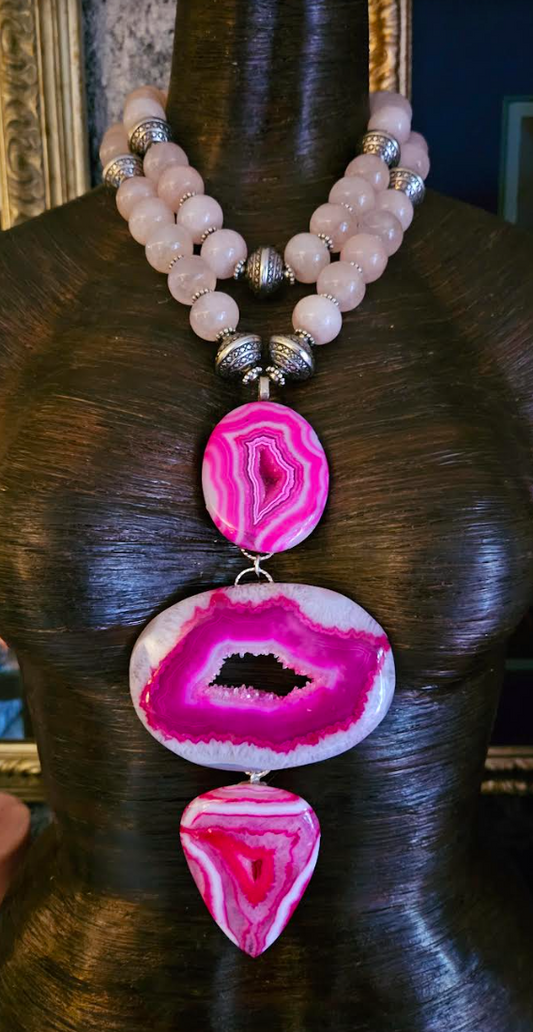 Hot Pink Druzy Agate Totem Chest Piece - Fuchsia Gemstone Pendant