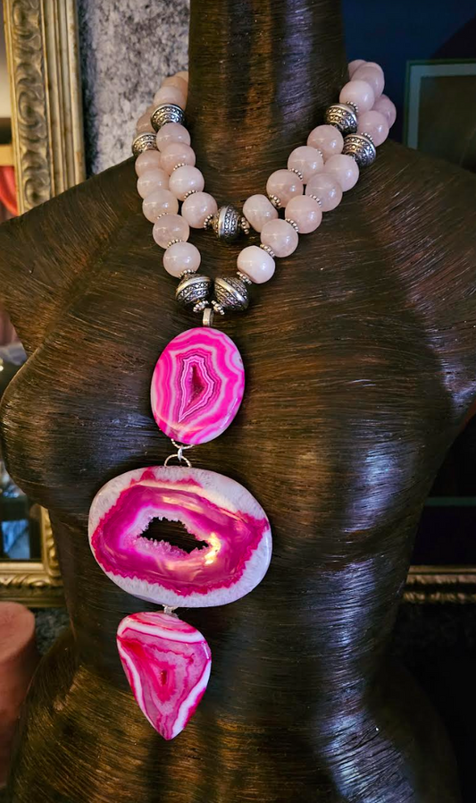 Hot Pink Druzy Agate Totem Chest Piece, Rose Quartz Beaded Statemen