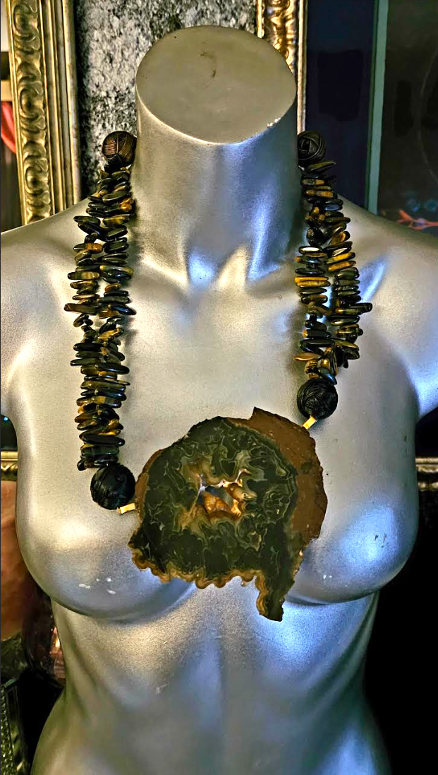 Deep Brown Agate Slice & Polished Tiger's Eye Asymmetrical Gemstone Pe