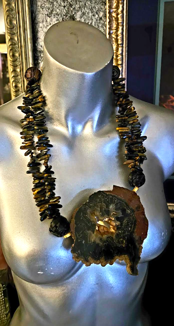 Deep Brown Agate Slice & Polished Tiger's Eye Asymmetrical Gemstone Pe