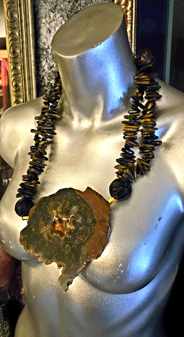 Deep Brown Agate Slice & Polished Tiger's Eye Asymmetrical Gemstone Pe
