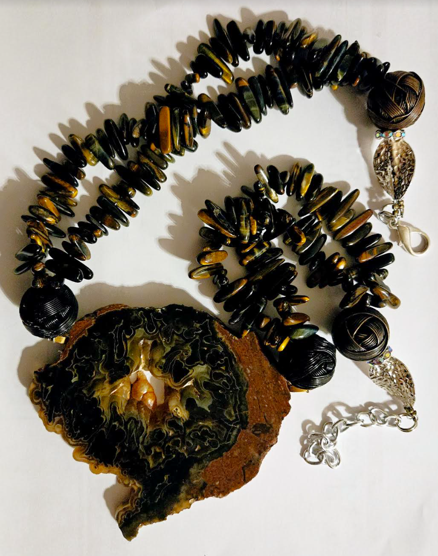 Deep Brown Agate Slice & Polished Tiger's Eye Asymmetrical Gemstone Pe