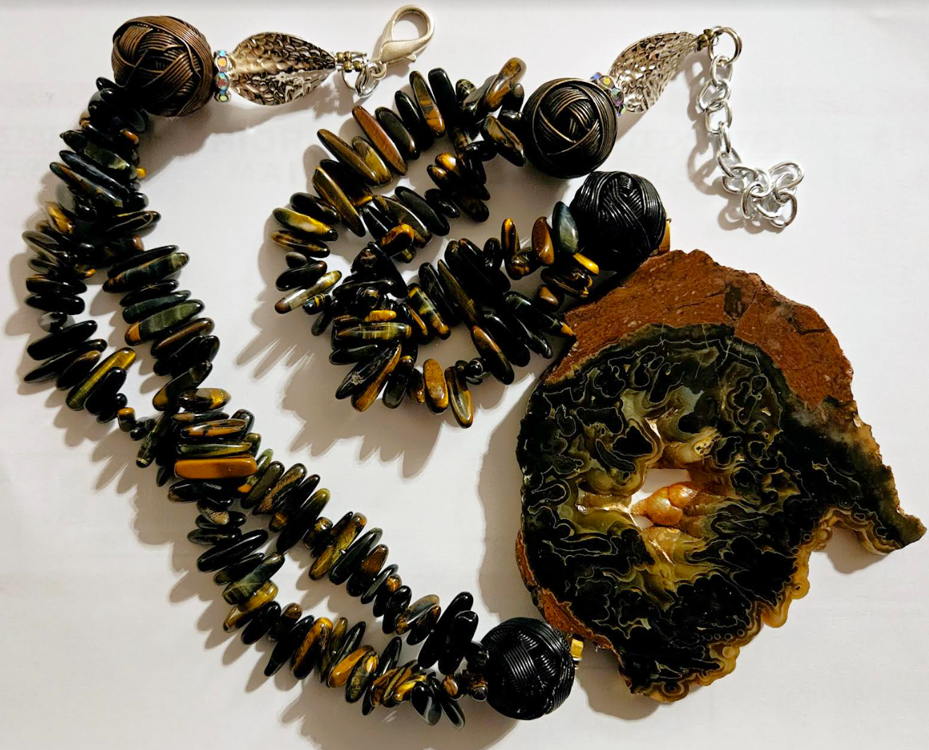 Deep Brown Agate Slice & Polished Tiger's Eye Asymmetrical Gemstone Pe