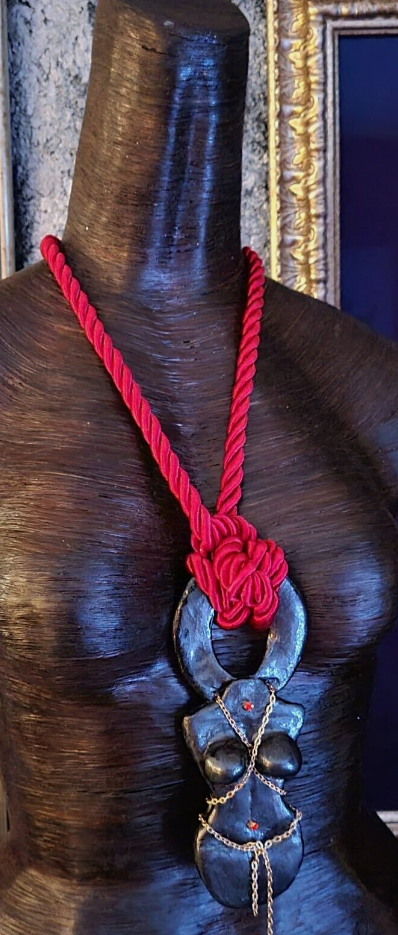 Hand Sculpted Goddess In Bondage Silk Rope Gemstone Pendant, Boho Cout