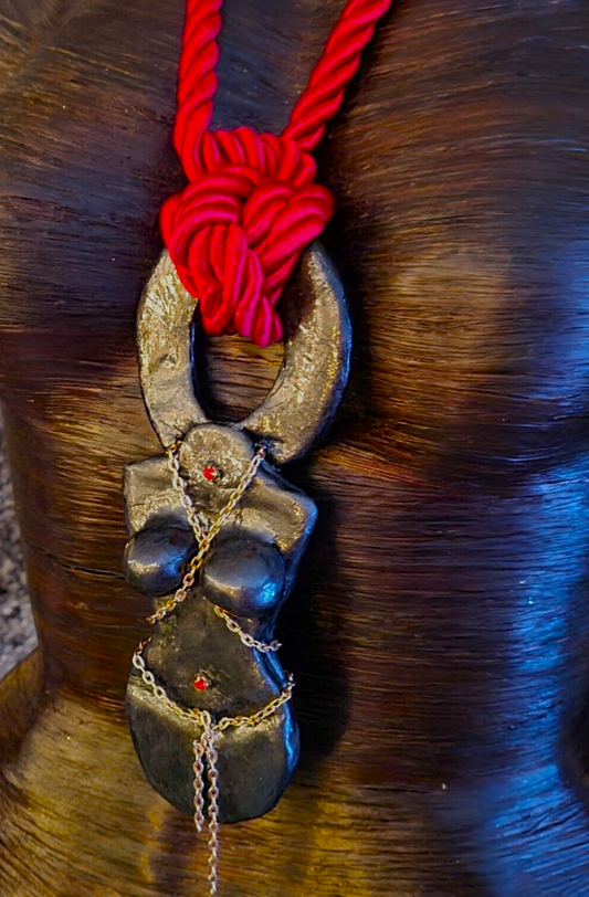 Hand Sculpted Goddess In Bondage Silk Rope Gemstone Pendant, Boho Cout