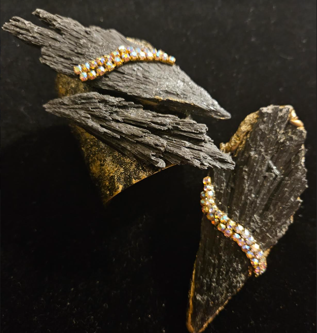 Rough Black Kyanite & Rhinestone Statement Cuff & Ring - Couture Luxe