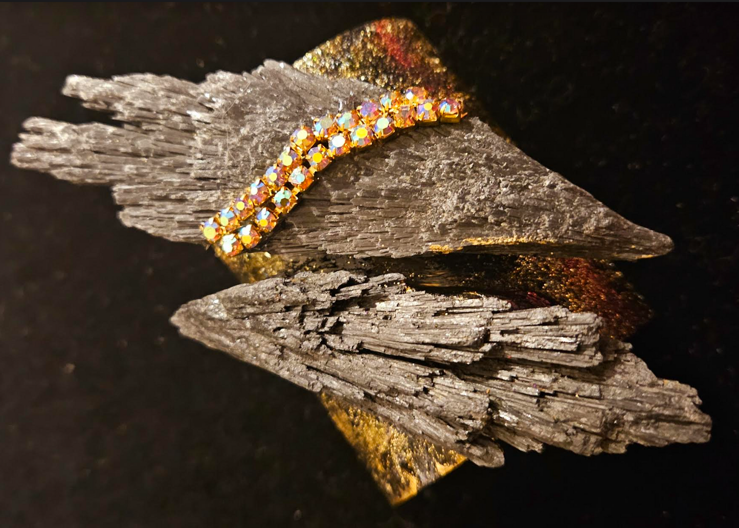Rough Black Kyanite & Rhinestone Statement Cuff & Ring - Couture Luxe