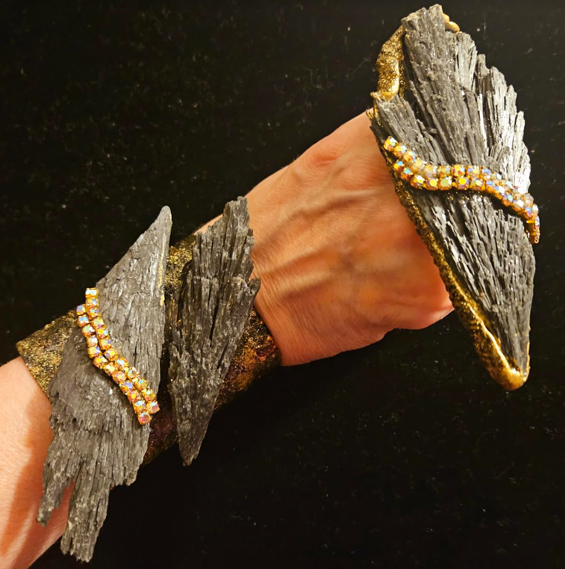 Rough Black Kyanite & Rhinestone Statement Cuff & Ring - Couture Luxe