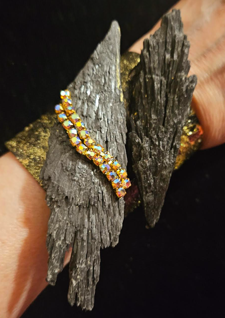 Rough Black Kyanite & Rhinestone Statement Cuff & Ring - Couture Luxe