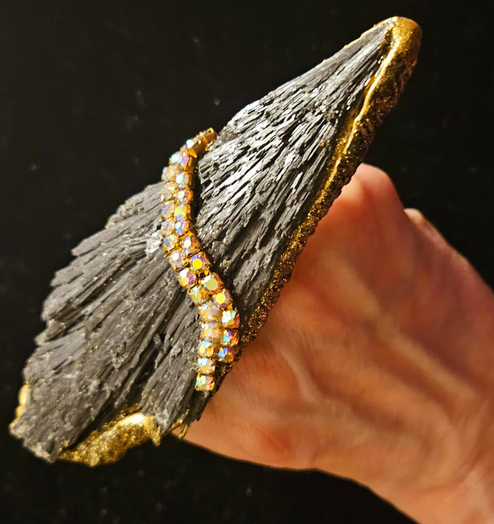 Rough Black Kyanite & Rhinestone Statement Cuff & Ring - Couture Luxe