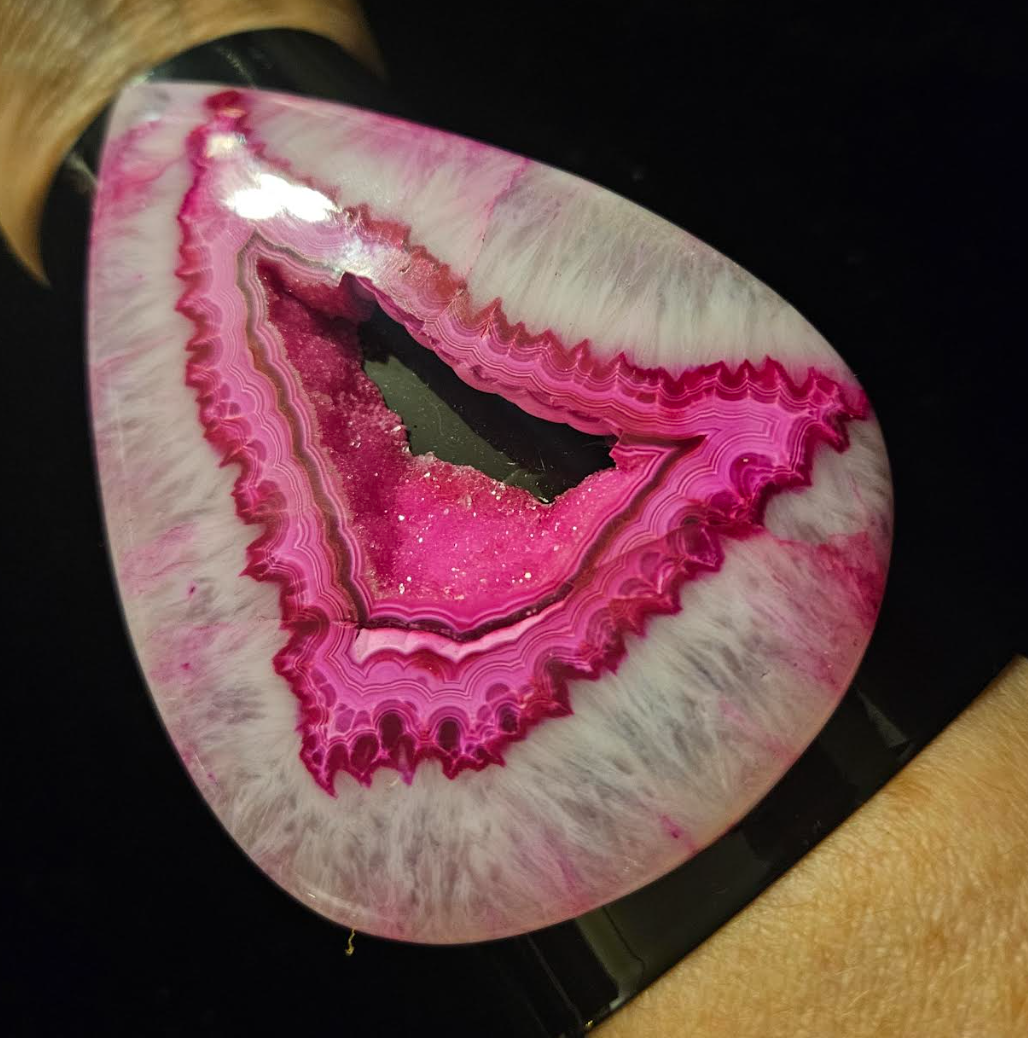 Luxury Oversized Hot Pink Druzy Agate Wide Black Statement Cuff