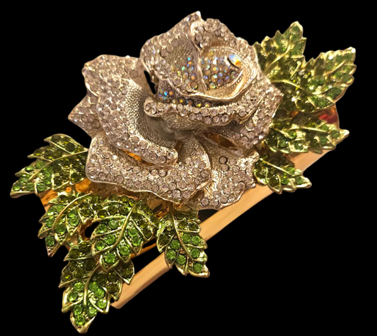 White Rhinestone Rose & Gold Tone Statement Cuff - Bridal Wedding