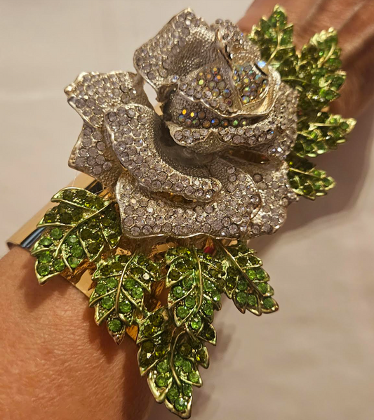 White Rhinestone Rose & Gold Tone Statement Cuff - Bridal Wedding