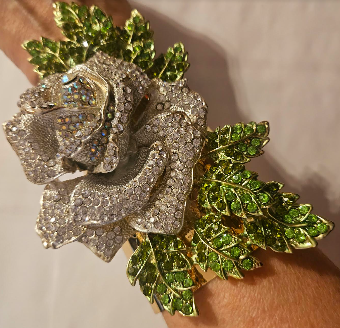 White Rhinestone Rose & Gold Tone Statement Cuff - Bridal Wedding