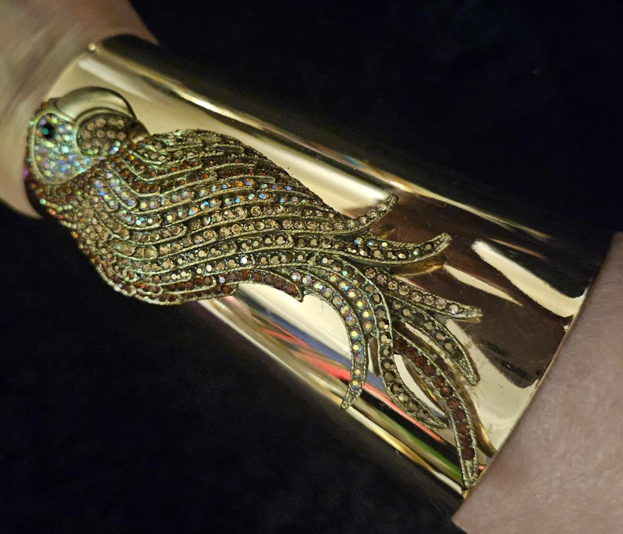 Shiny Gold Tone Wide Statement Cuff with Rhinestone Parrot