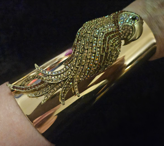 Shiny Gold Tone Wide Statement Cuff with Rhinestone Parrot