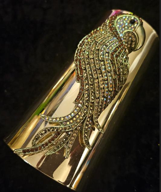 Shiny Gold Tone Wide Statement Cuff with Rhinestone Parrot