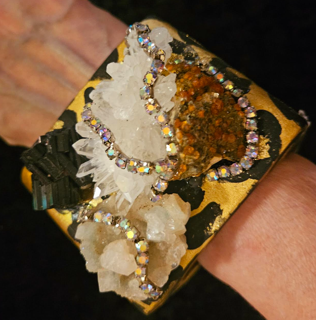 Oversized Gold Metallic Leopard Cuff with Gemstones - Wearable Art Bangle