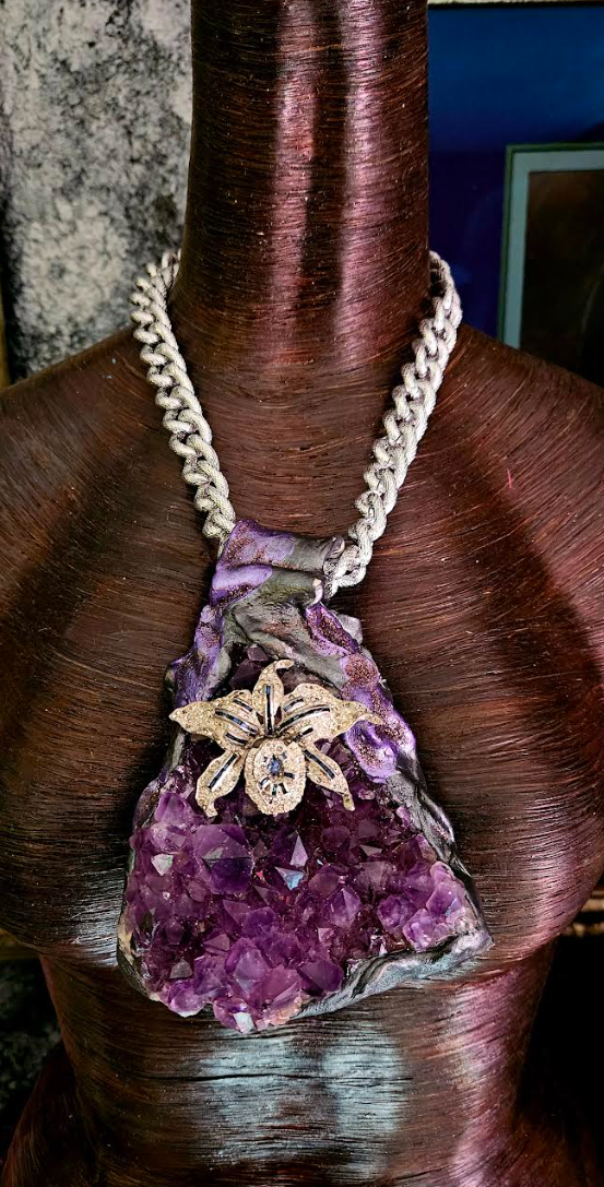 Rough Amethyst Sculpted Gemstone Pendant with Rhinestone Orchid, Purpl