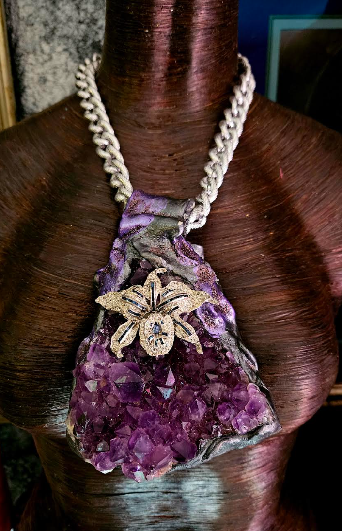 Rough Amethyst Sculpted Gemstone Pendant with Rhinestone Orchid, Purpl