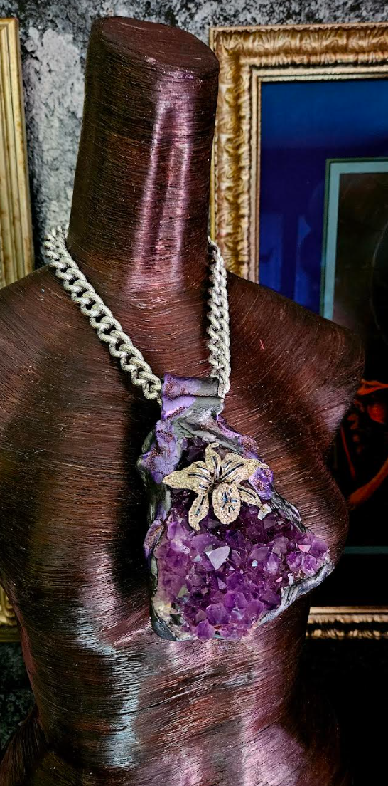 Rough Amethyst Sculpted Gemstone Pendant with Rhinestone Orchid, Purpl