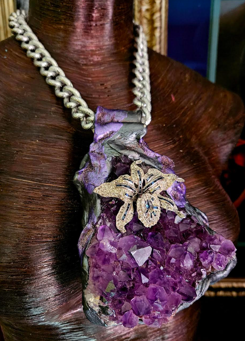 Rough Amethyst Sculpted Gemstone Pendant with Rhinestone Orchid, Purpl