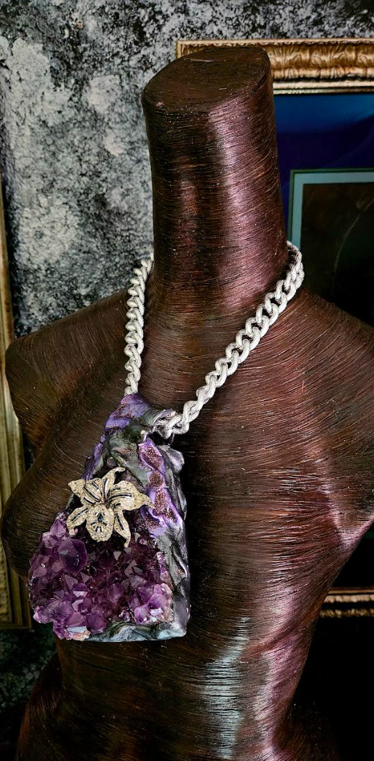 Rough Amethyst Sculpted Gemstone Pendant with Rhinestone Orchid, Purpl
