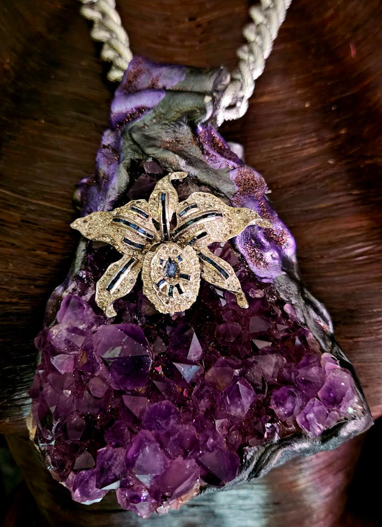 Rough Amethyst Sculpted Gemstone Pendant with Rhinestone Orchid, Purpl
