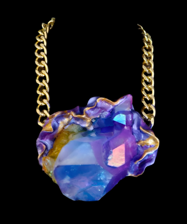 Sculpted Blue & Purple Quartz Gemstone Statement Pendant - Rocker Chic