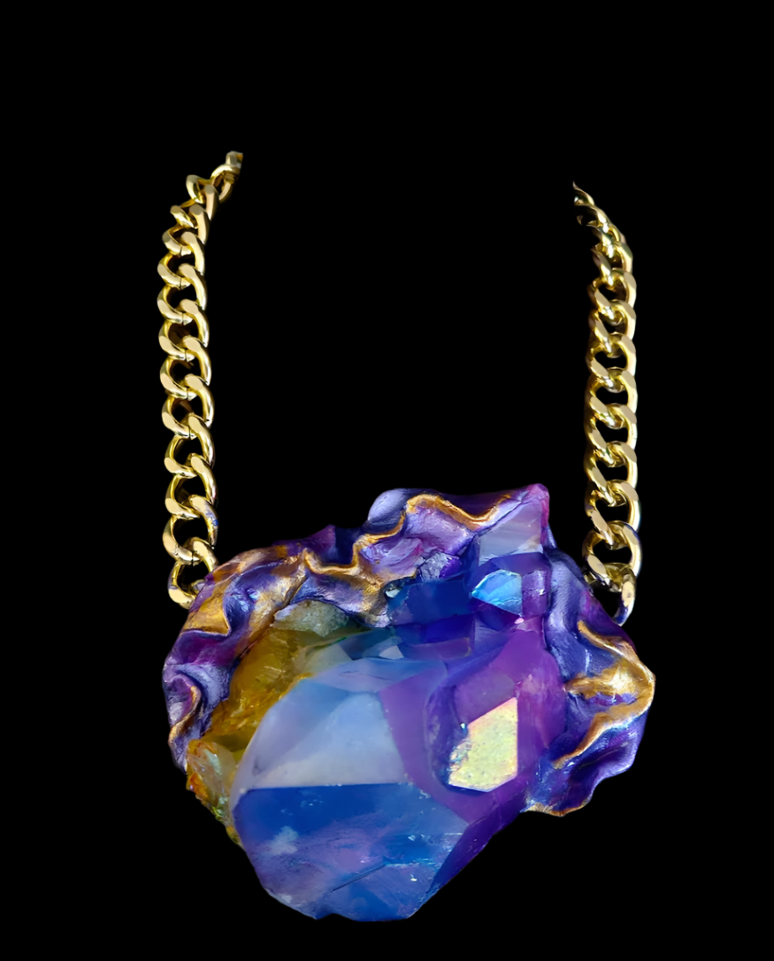 Sculpted Blue & Purple Quartz Gemstone Statement Pendant - Rocker Chic
