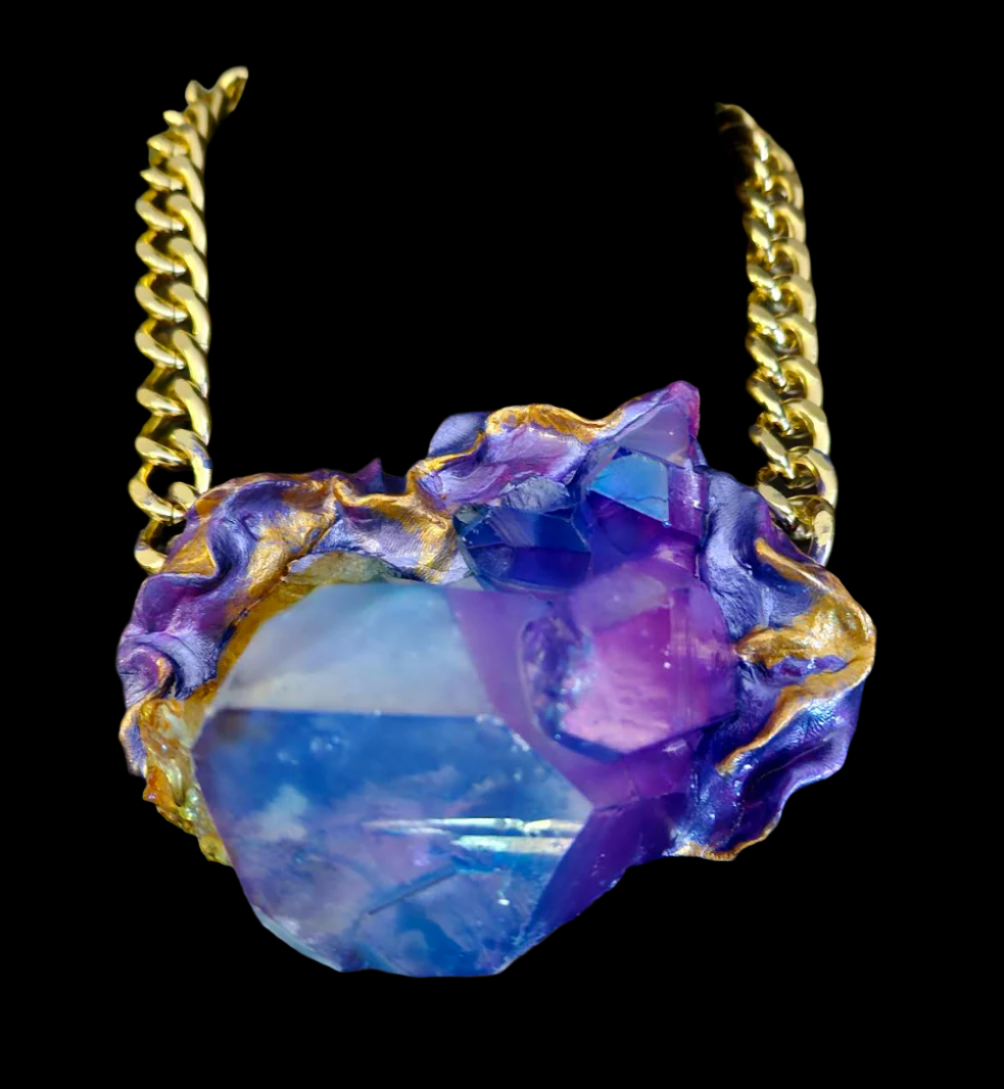 Sculpted Blue & Purple Quartz Gemstone Statement Pendant - Rocker Chic
