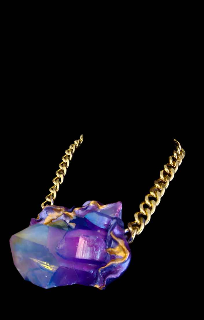 Sculpted Blue & Purple Quartz Gemstone Statement Pendant - Rocker Chic