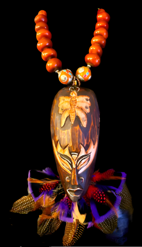 Carved Balinese Wood Mask With Feathers Chest Piece, Moroccan Resin