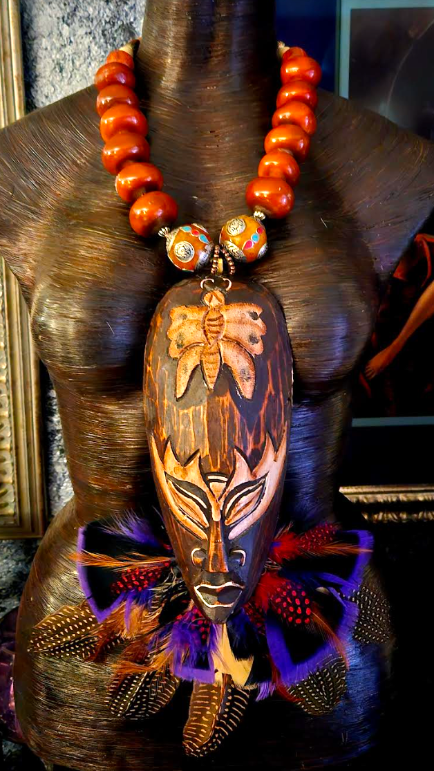 Carved Balinese Wood Mask With Feathers Chest Piece, Moroccan Resin