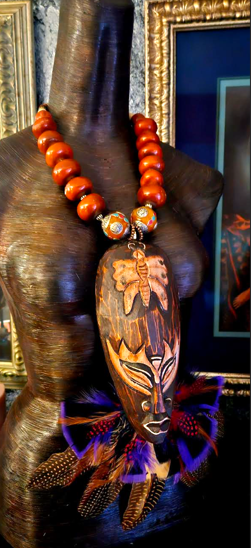 Carved Balinese Wood Mask With Feathers Chest Piece, Moroccan Resin