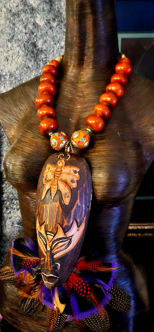 Carved Balinese Wood Mask With Feathers Chest Piece - Moroccan Resin