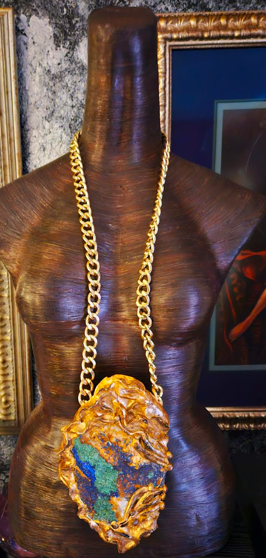 Rough Azurite Malachite Sculpted Gemstone Pendant - Bold Gold Chain