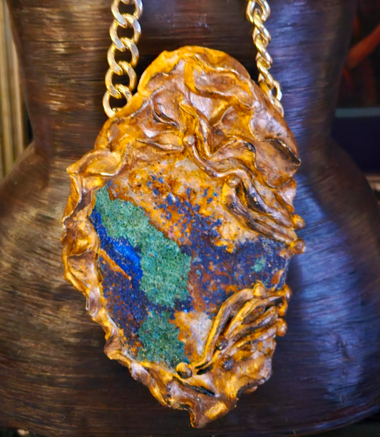 Rough Azurite Malachite Crystal Sculpted Statement Gemstone Pendant, B