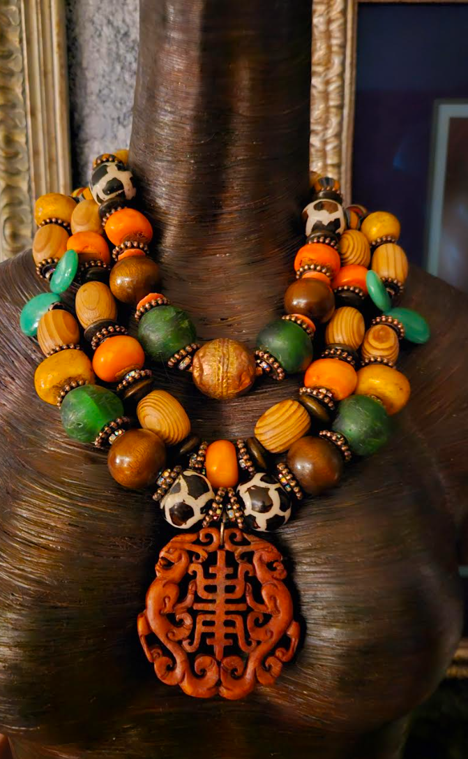 Bold Mixed Media Beaded Ethnic Statement Necklace - African Asian