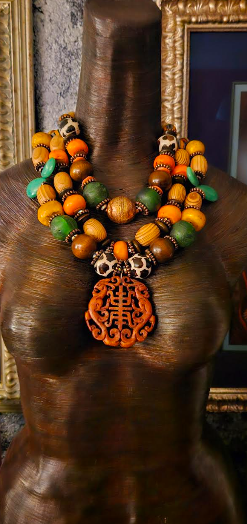 Bold Mixed Media Beaded Ethnic Statement Necklace - African Asian
