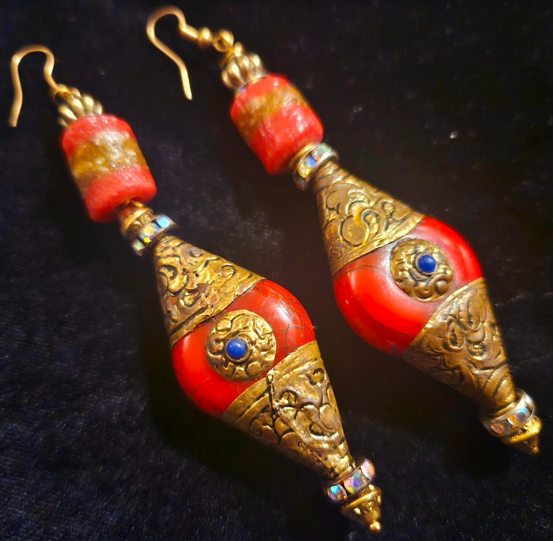 Exotic Tibetan Repousse Red and Gold Tribal Dangle Pierced Statement E