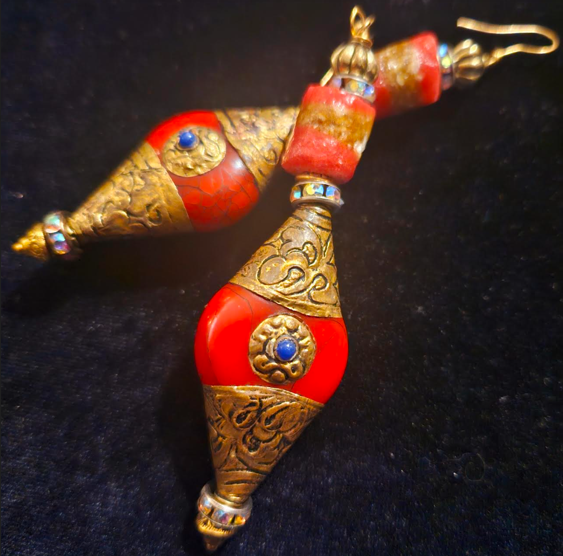 Exotic Tibetan Repousse Red and Gold Tribal Dangle Pierced Statement E