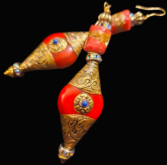 Red & Gold Tibetan Repousse Beaded Dangle Ear Candy - Exotic Tribals