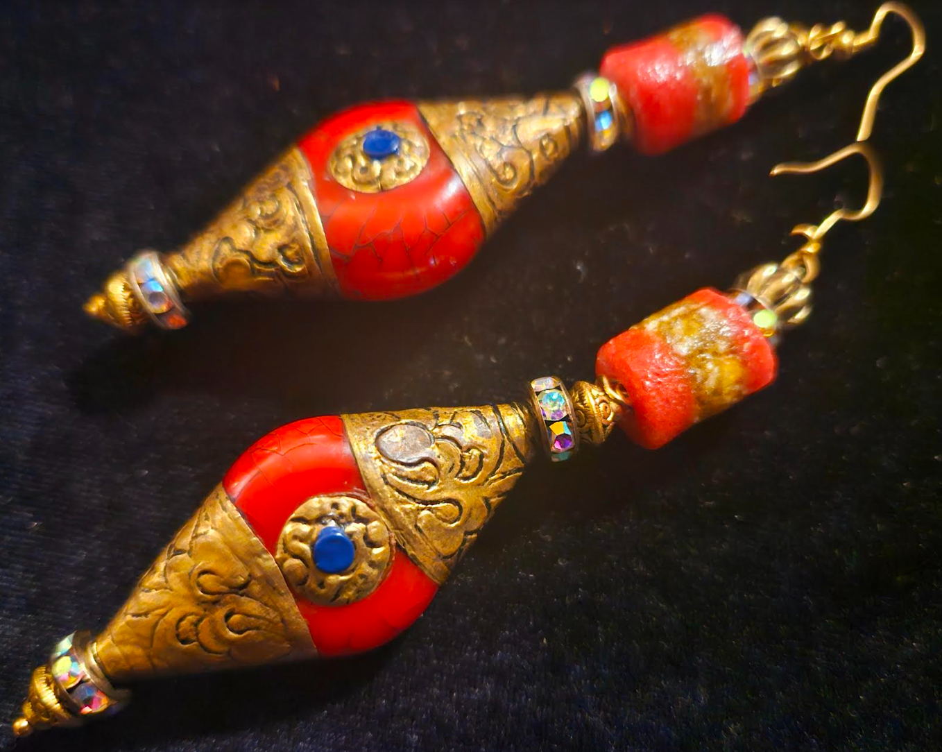 Exotic Tibetan Repousse Red and Gold Tribal Dangle Pierced Statement E