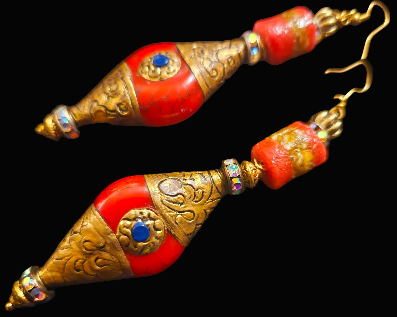 Red & Gold Tibetan Repousse Beaded Dangle Ear Candy - Exotic Tribals