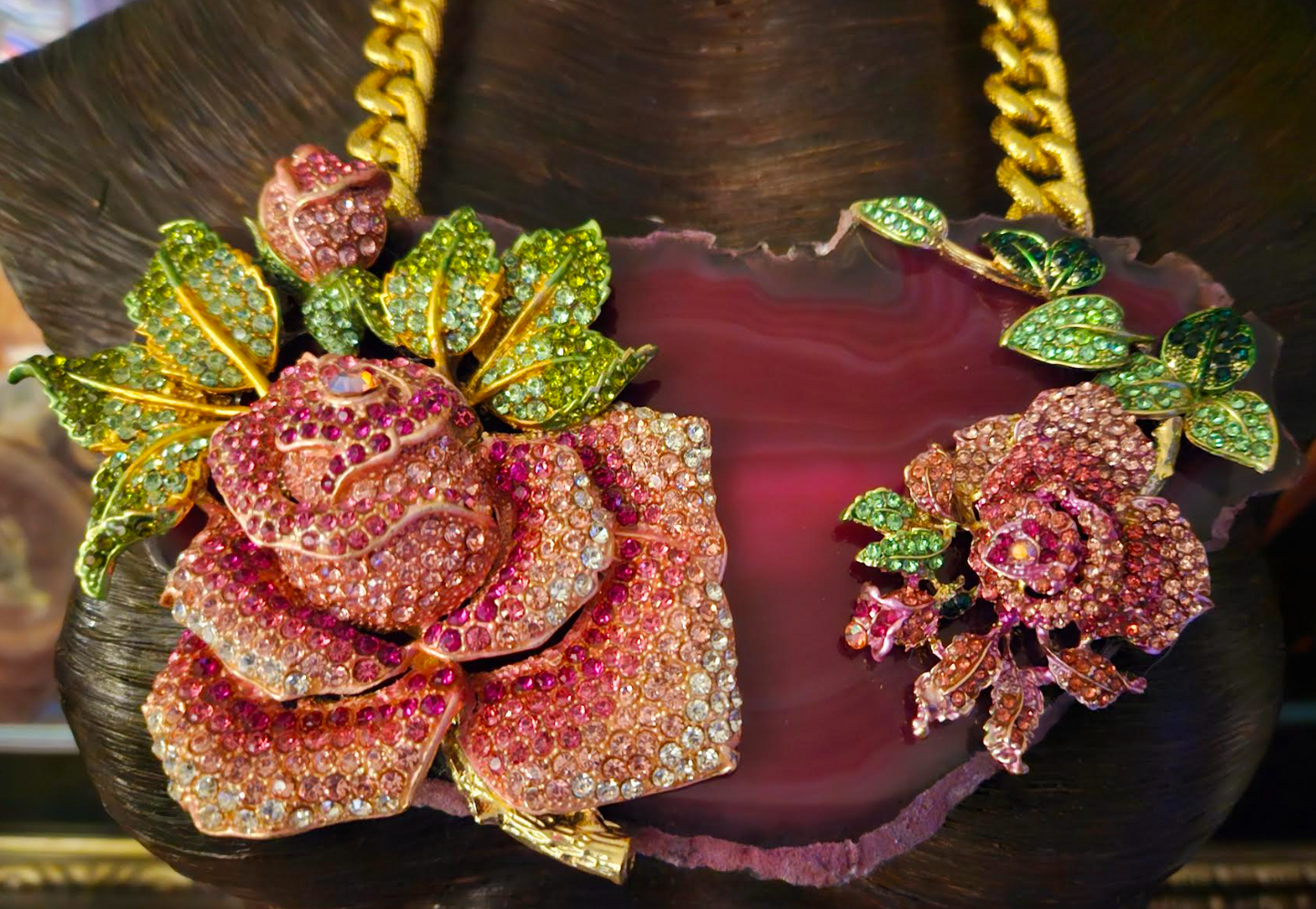 Fuchsia Agate & Ornate Rhinestone Roses Breast Plate - Wedding Bridal